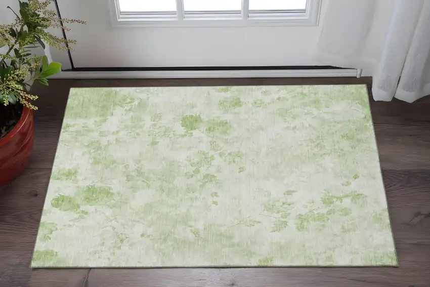 Artichoke Green And Ivory Floral Washable Area Rug With UV Protection Photo 2