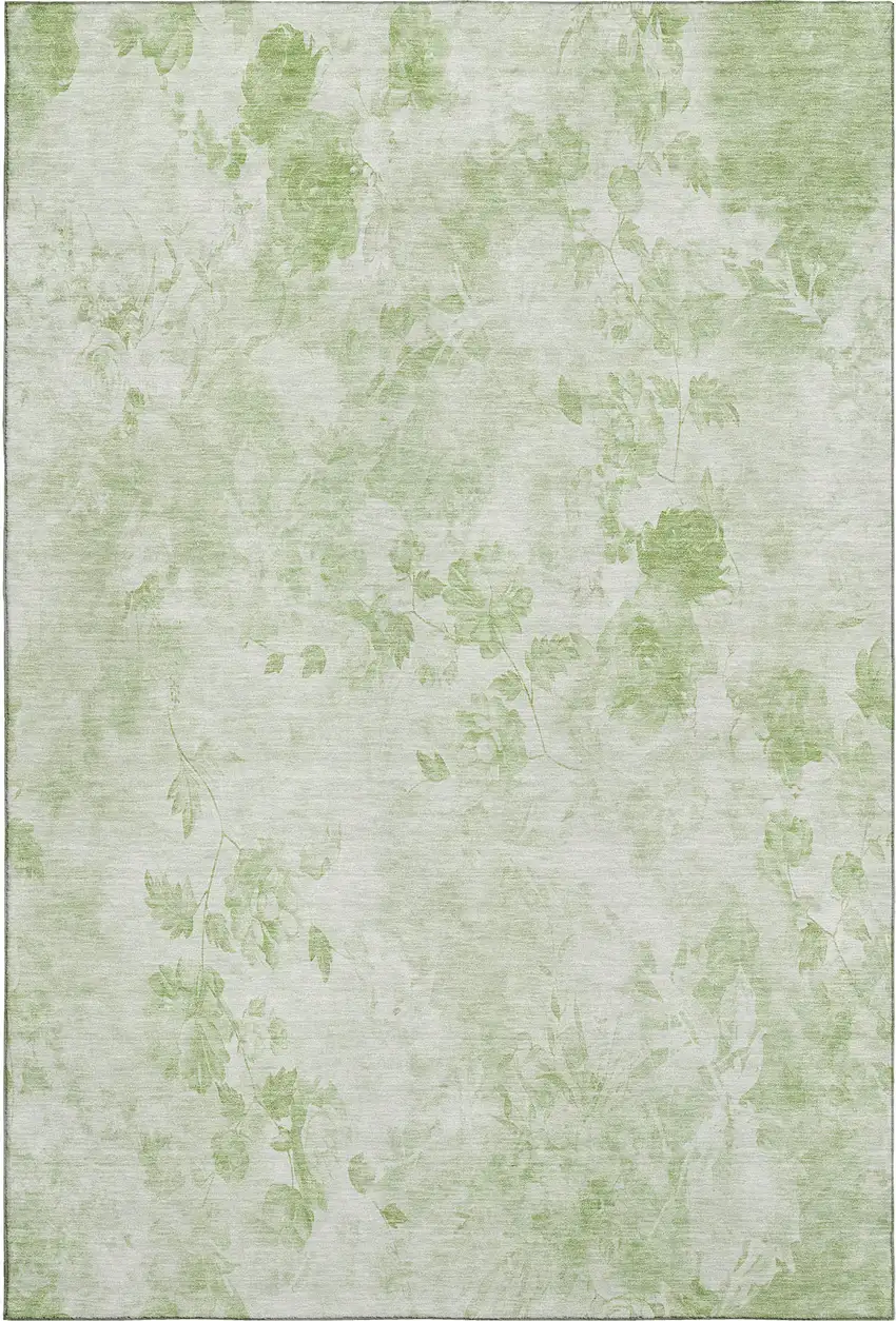 Artichoke Green And Ivory Floral Washable Area Rug With UV Protection Photo 2