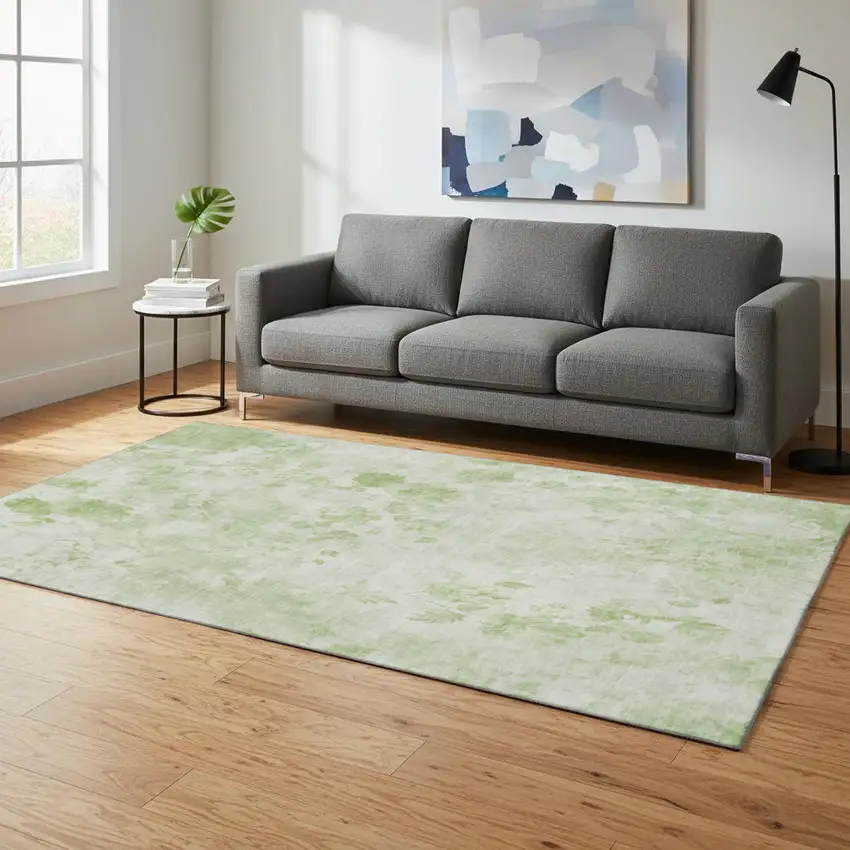 Artichoke Green And Ivory Floral Washable Area Rug With UV Protection Photo 1