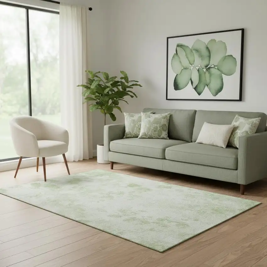 Artichoke Green And Ivory Floral Washable Area Rug With UV Protection Photo 1