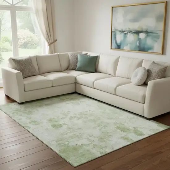 Artichoke Green And Ivory Floral Washable Area Rug With UV Protection Photo 1