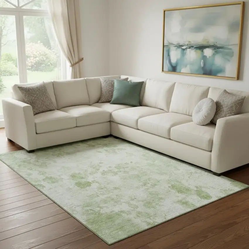 Artichoke Green And Ivory Floral Washable Area Rug With UV Protection Photo 1
