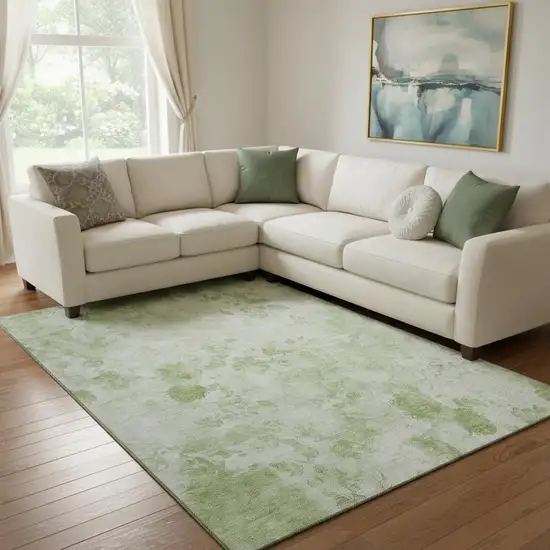 Artichoke Green And Ivory Floral Washable Area Rug With UV Protection Photo 1