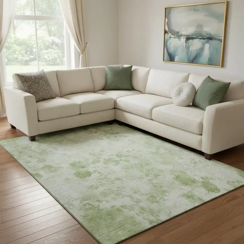 Artichoke Green And Ivory Floral Washable Area Rug With UV Protection Photo 1
