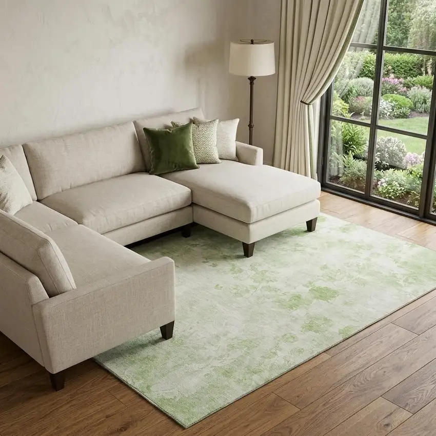 Artichoke Green And Ivory Floral Washable Area Rug With UV Protection Photo 1