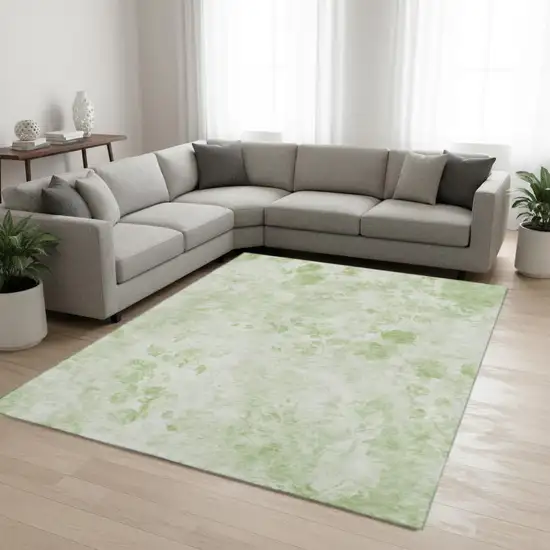 Artichoke Green And Ivory Floral Washable Area Rug With UV Protection Photo 1
