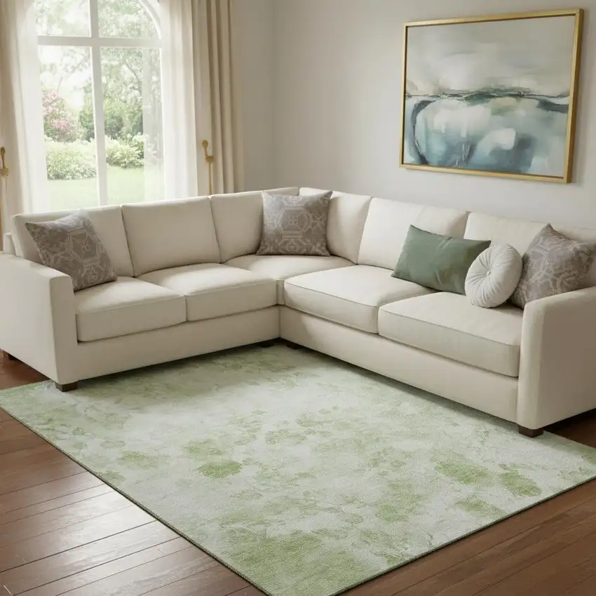 Artichoke Green And Ivory Floral Washable Area Rug With UV Protection Photo 1