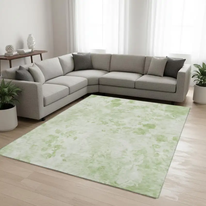 Artichoke Green And Ivory Floral Washable Area Rug With UV Protection Photo 1