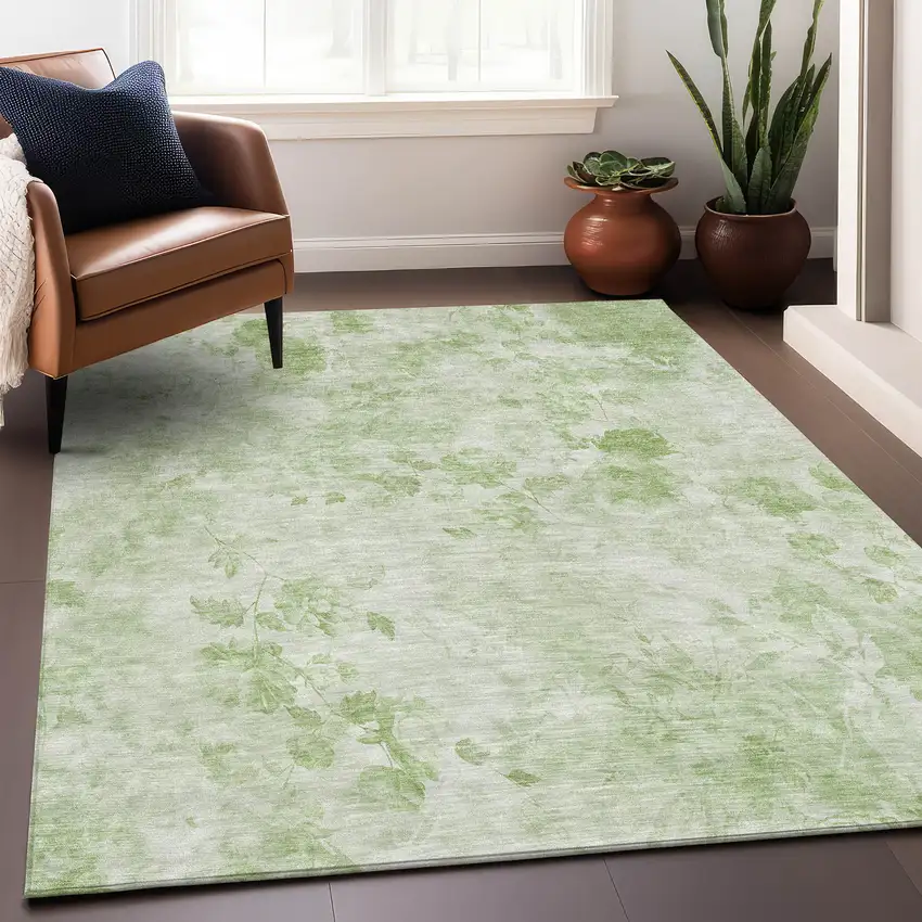 Artichoke Green And Ivory Floral Washable Area Rug With UV Protection Photo 6