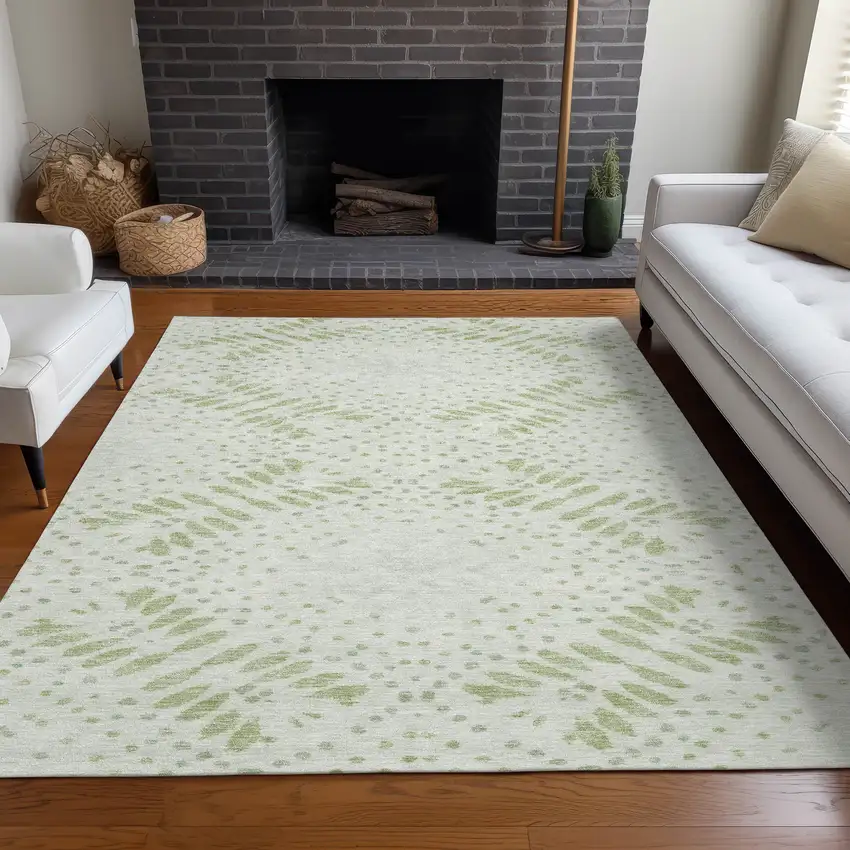 Artichoke Green And Ivory Floral Washable Area Rug With UV Protection Photo 5