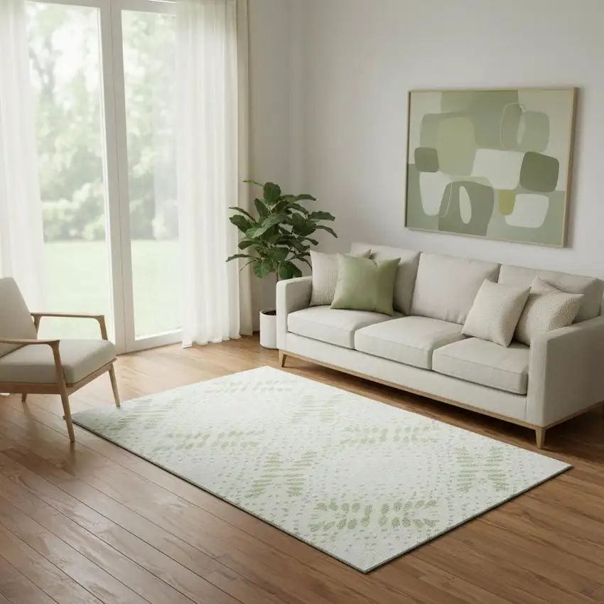 Artichoke Green And Ivory Floral Washable Area Rug With UV Protection Photo 1