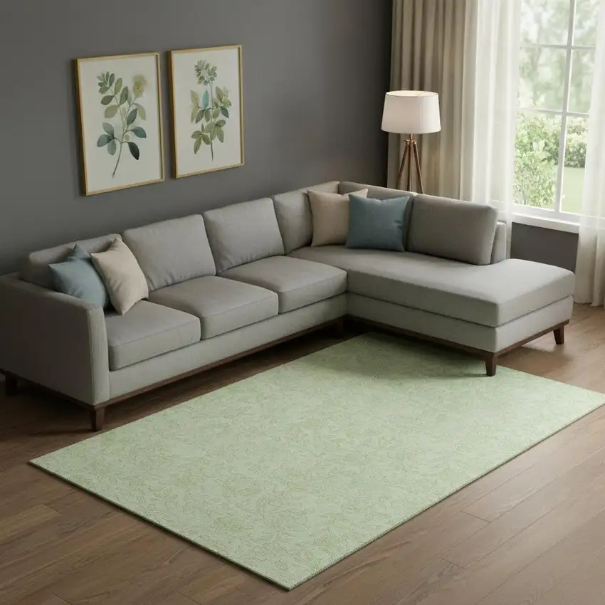 Artichoke Green And Ivory Floral Washable Area Rug With UV Protection Photo 1