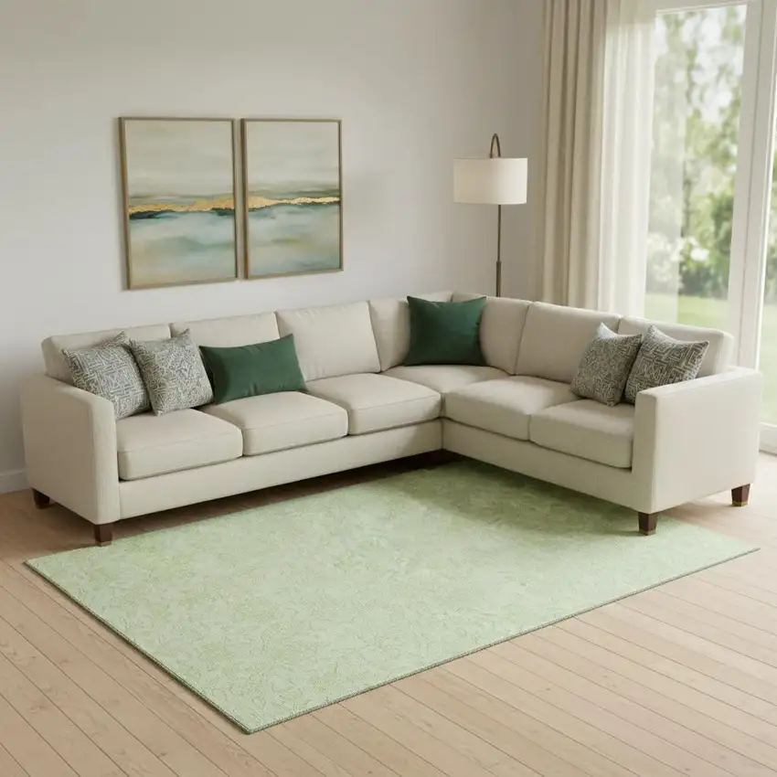 Artichoke Green And Ivory Floral Washable Area Rug With UV Protection Photo 1