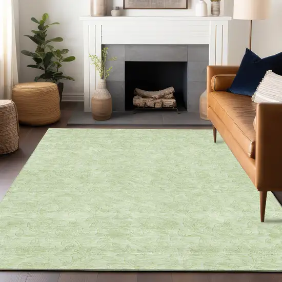 Artichoke Green And Ivory Floral Washable Area Rug With UV Protection Photo 6