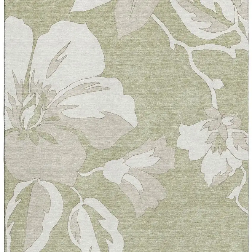 Artichoke Green And Ivory Floral Washable Area Rug With UV Protection Photo 3