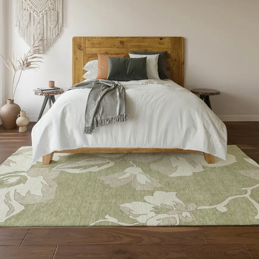 Artichoke Green And Ivory Floral Washable Area Rug With UV Protection Photo 6