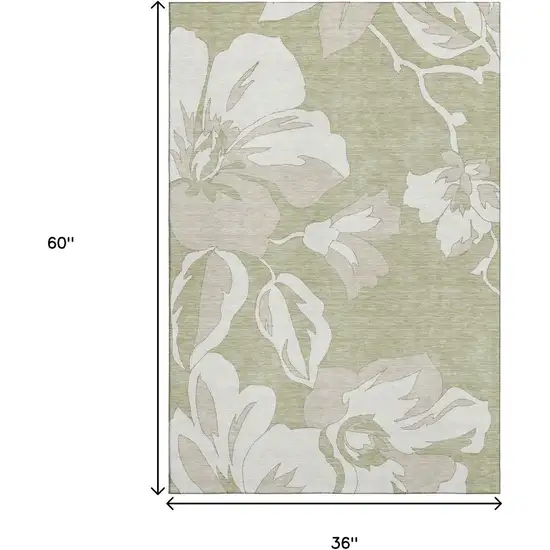 Artichoke Green And Ivory Floral Washable Area Rug With UV Protection Photo 3