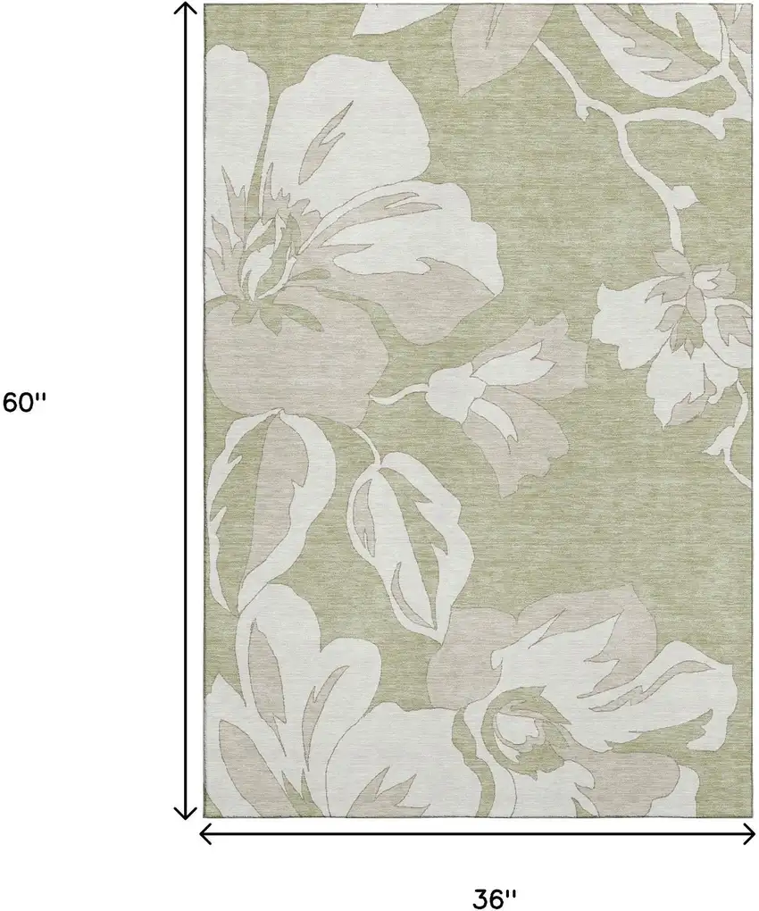 Artichoke Green And Ivory Floral Washable Area Rug With UV Protection Photo 3