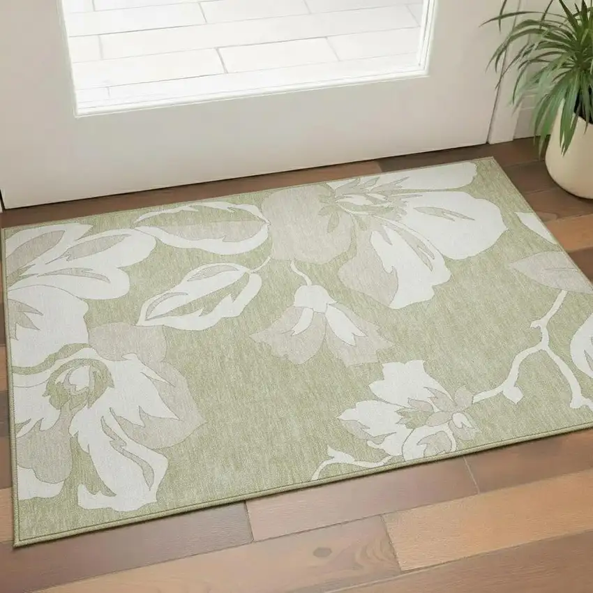 Artichoke Green And Ivory Floral Washable Area Rug With UV Protection Photo 1