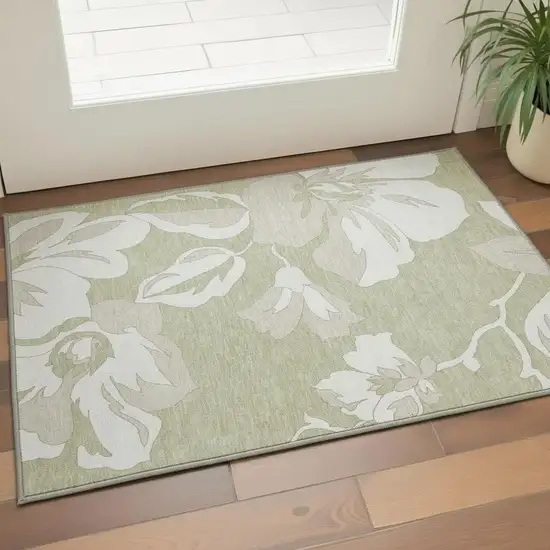 Artichoke Green And Ivory Floral Washable Area Rug With UV Protection Photo 2