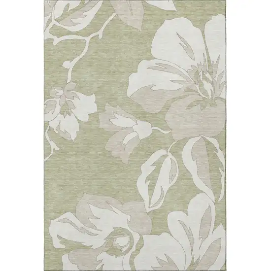 Artichoke Green And Ivory Floral Washable Area Rug With UV Protection Photo 4
