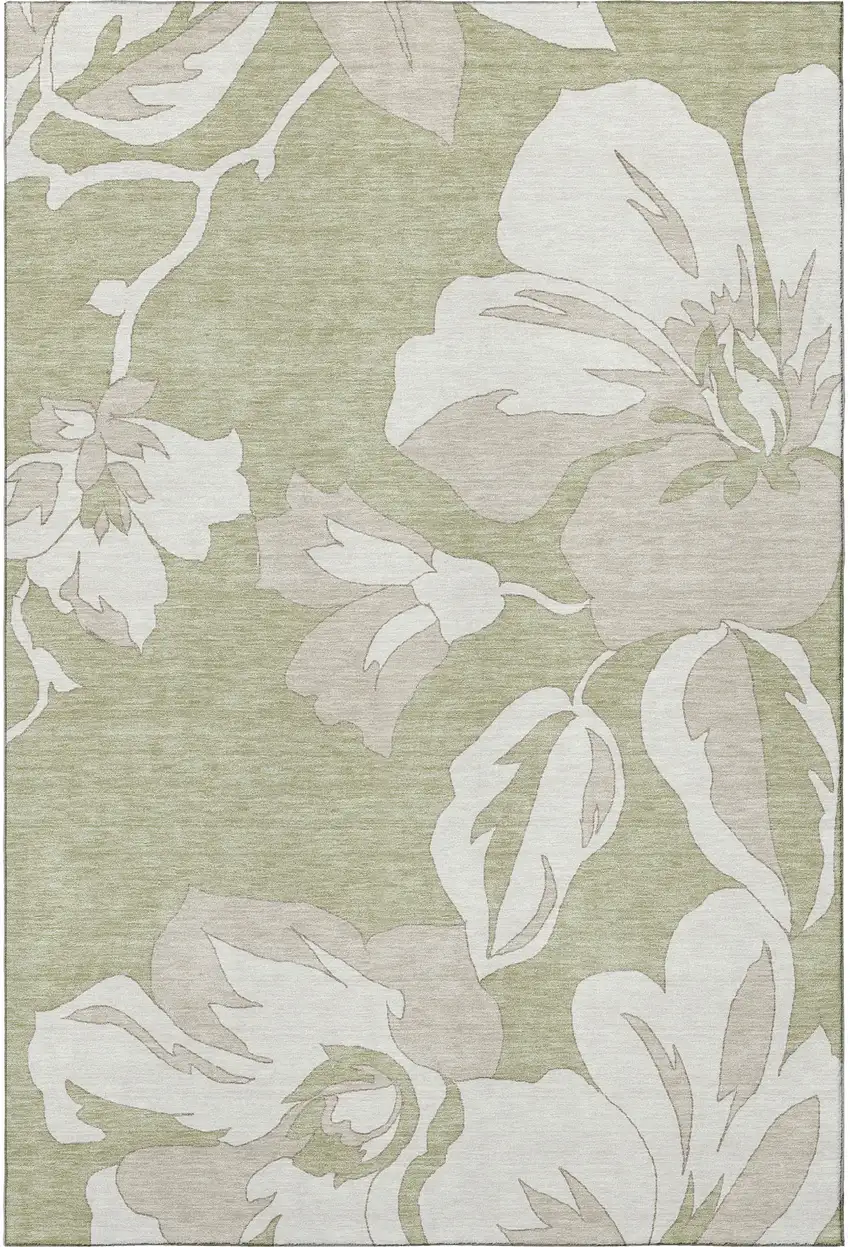 Artichoke Green And Ivory Floral Washable Area Rug With UV Protection Photo 3
