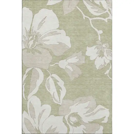 Artichoke Green And Ivory Floral Washable Area Rug With UV Protection Photo 1