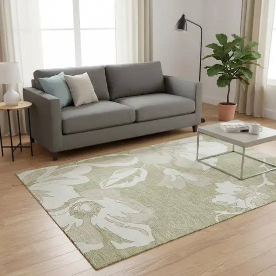 Artichoke Green And Ivory Floral Washable Area Rug With UV Protection Photo 2