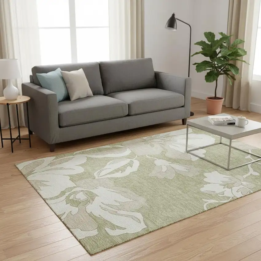 Artichoke Green And Ivory Floral Washable Area Rug With UV Protection Photo 2