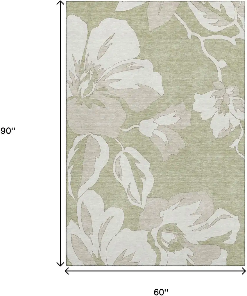 Artichoke Green And Ivory Floral Washable Area Rug With UV Protection Photo 7