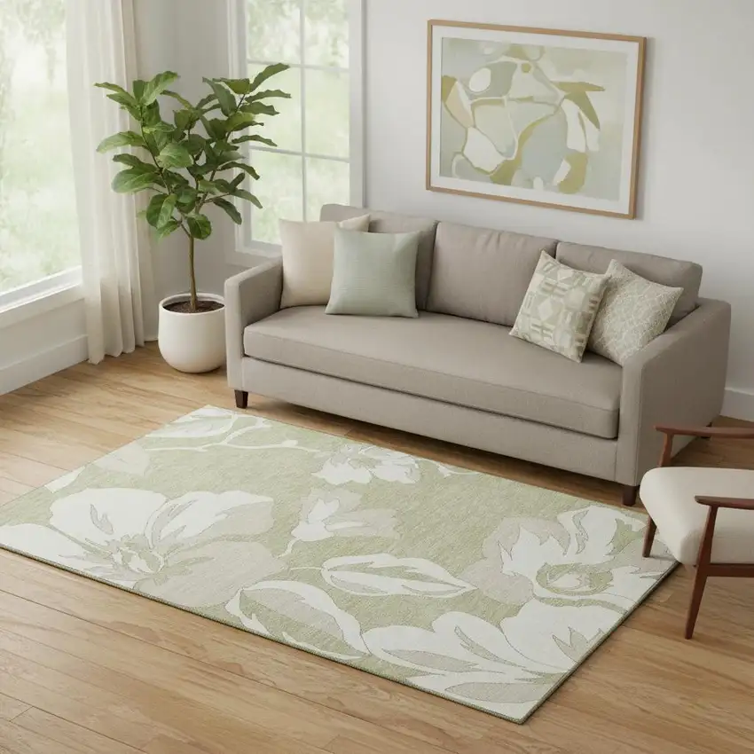Artichoke Green And Ivory Floral Washable Area Rug With UV Protection Photo 1