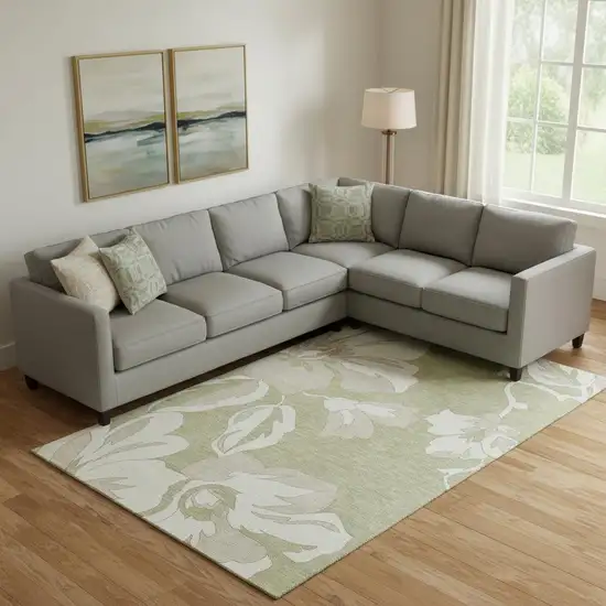 Artichoke Green And Ivory Floral Washable Area Rug With UV Protection Photo 1