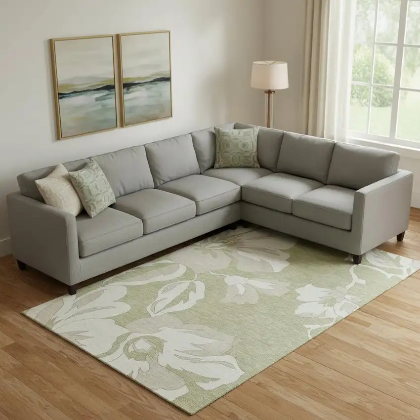 Artichoke Green And Ivory Floral Washable Area Rug With UV Protection Photo 1