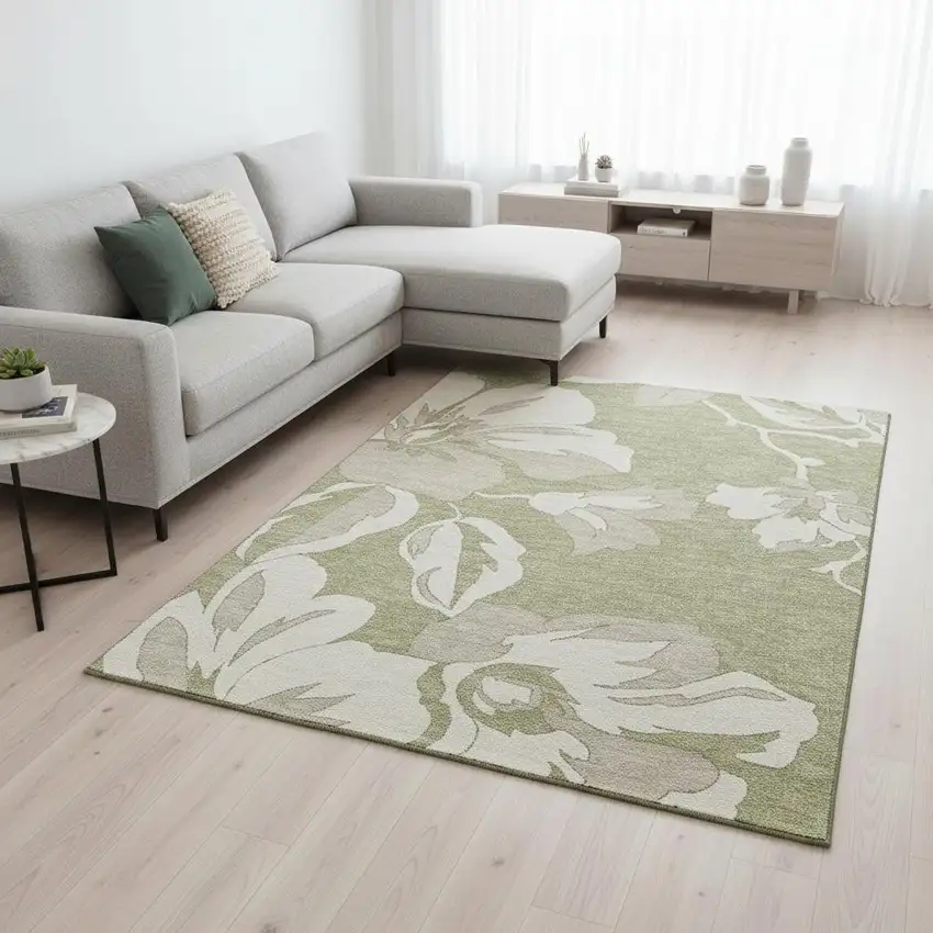 Artichoke Green And Ivory Floral Washable Area Rug With UV Protection Photo 2