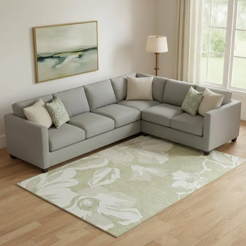 Artichoke Green And Ivory Floral Washable Area Rug With UV Protection Photo 1