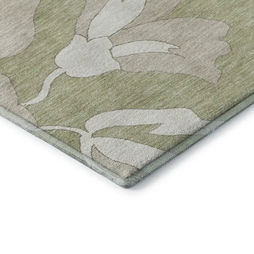 Artichoke Green And Ivory Floral Washable Area Rug With UV Protection Photo 8
