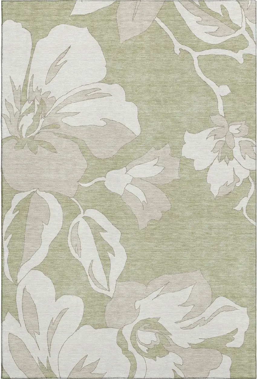 Artichoke Green And Ivory Floral Washable Area Rug With UV Protection Photo 1