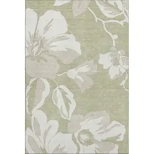 Photo of Artichoke Green And Ivory Floral Washable Area Rug With UV Protection
