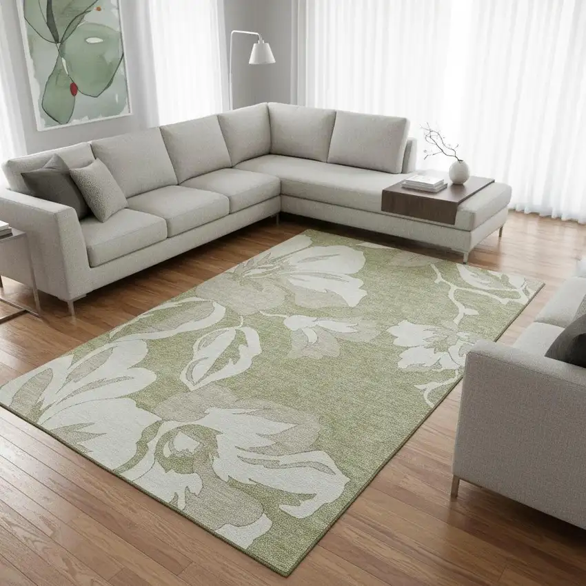 Artichoke Green And Ivory Floral Washable Area Rug With UV Protection Photo 2