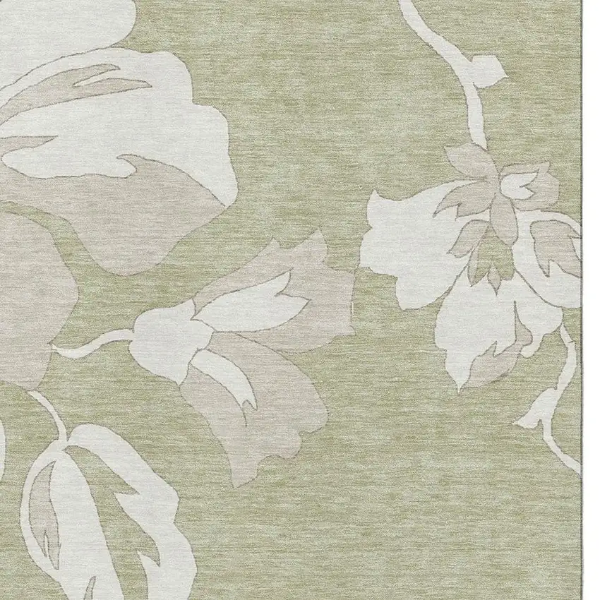 Artichoke Green And Ivory Floral Washable Area Rug With UV Protection Photo 3