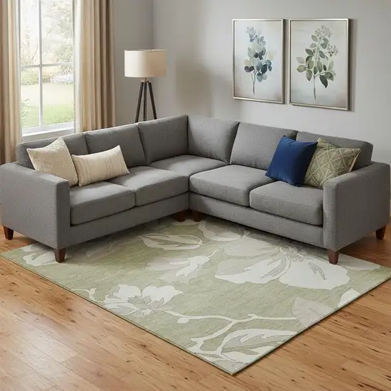 Artichoke Green And Ivory Floral Washable Area Rug With UV Protection Photo 1