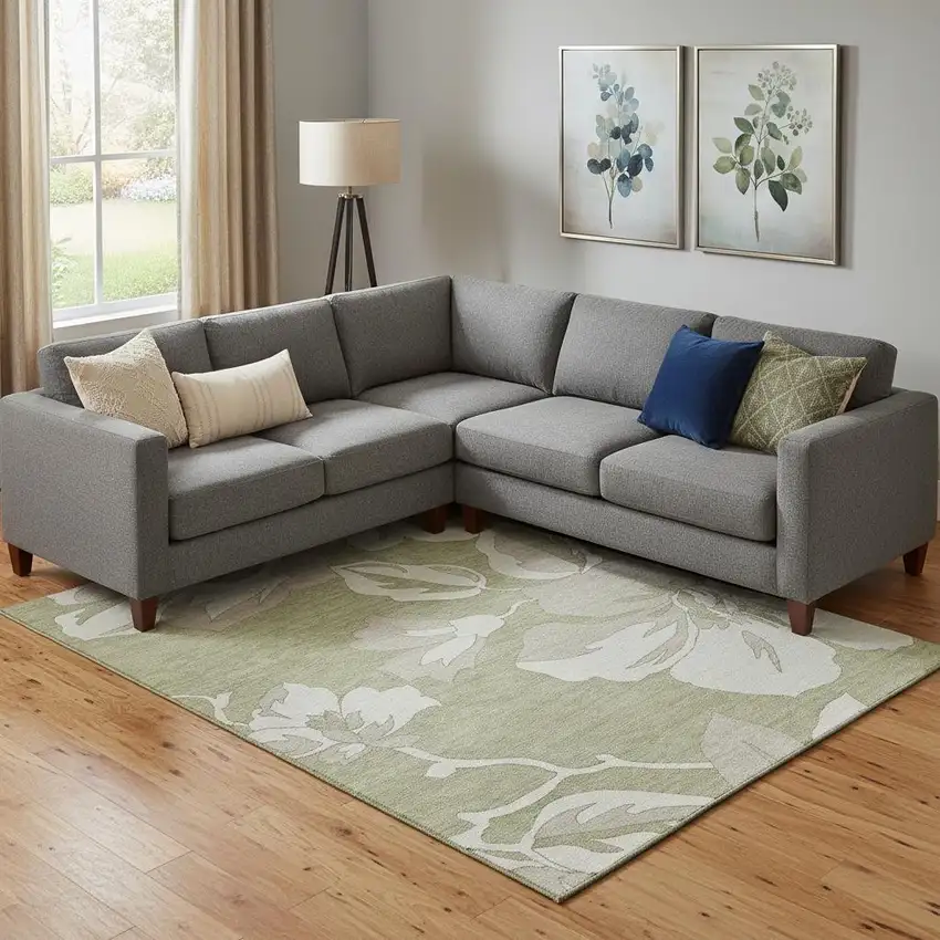 Artichoke Green And Ivory Floral Washable Area Rug With UV Protection Photo 1