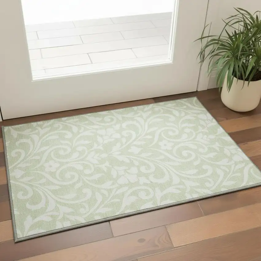 Artichoke Green And Ivory Floral Washable Area Rug With UV Protection Photo 2