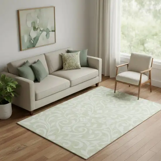 Artichoke Green And Ivory Floral Washable Area Rug With UV Protection Photo 1