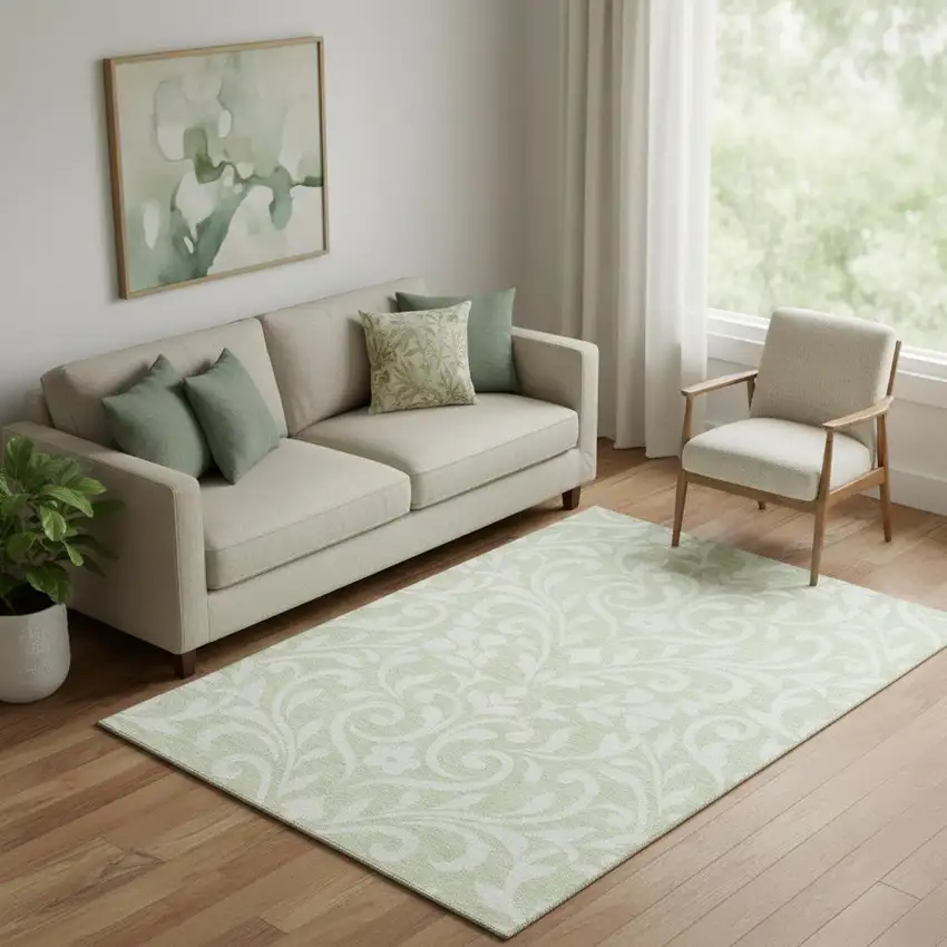 Artichoke Green And Ivory Floral Washable Area Rug With UV Protection Photo 1