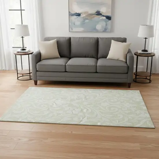 Artichoke Green And Ivory Floral Washable Area Rug With UV Protection Photo 2