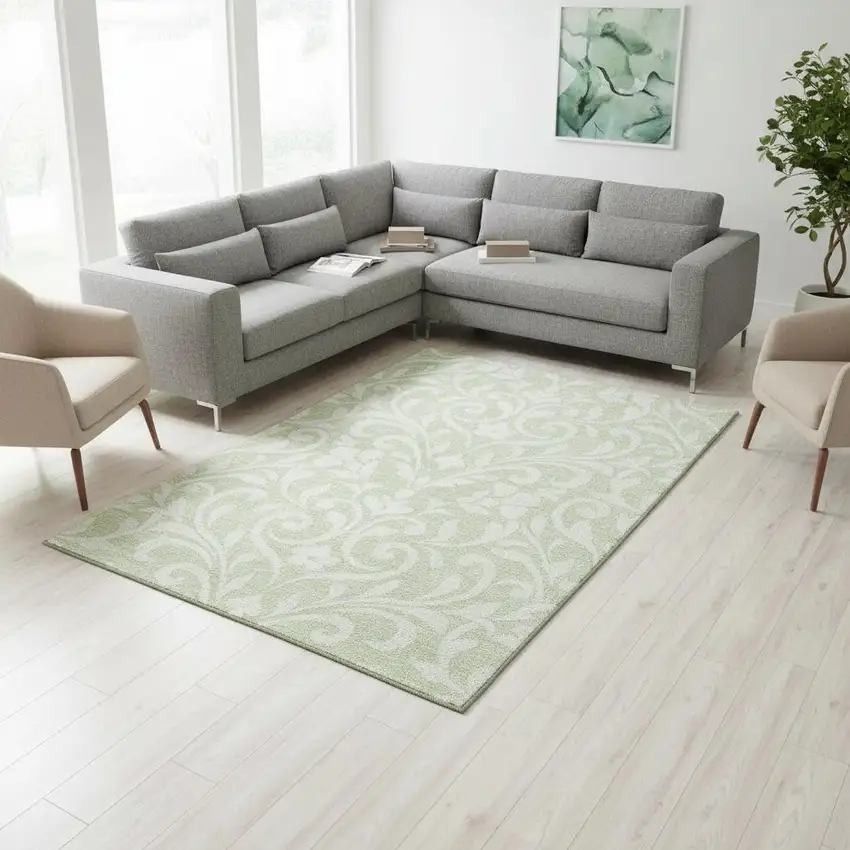 Artichoke Green And Ivory Floral Washable Area Rug With UV Protection Photo 2
