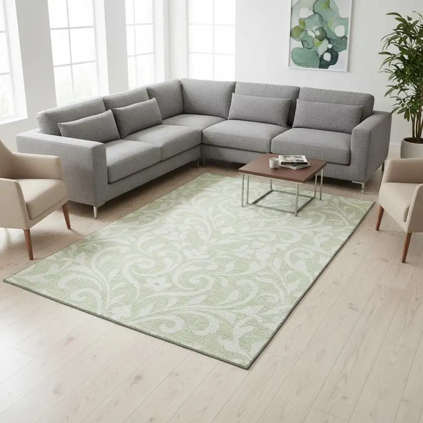 Artichoke Green And Ivory Floral Washable Area Rug With UV Protection Photo 2