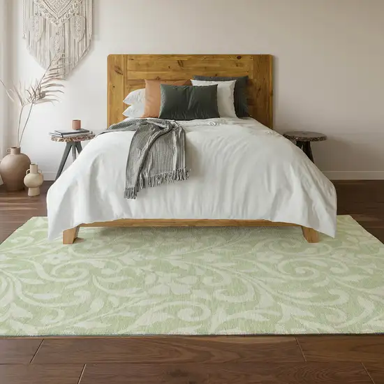 Artichoke Green And Ivory Floral Washable Area Rug With UV Protection Photo 6
