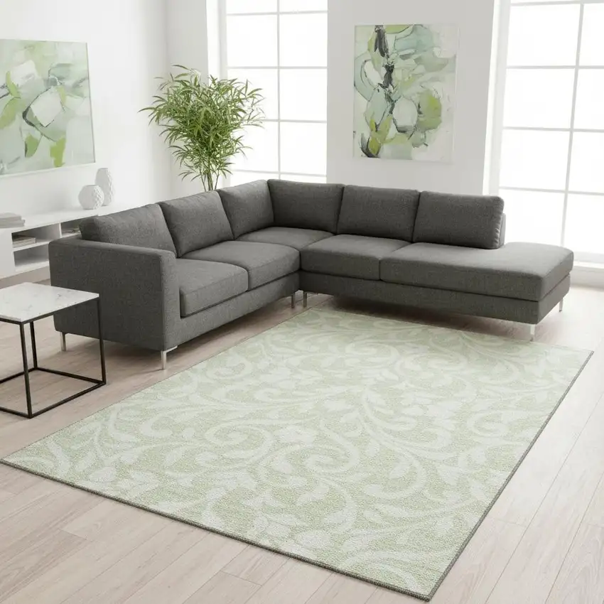 Artichoke Green And Ivory Floral Washable Area Rug With UV Protection Photo 2